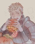 1boy armor blonde_hair character_request commentary dungeon_meshi eating food ham highres lettuce longthita open_mouth orange_eyes pumpkin short_hair shoulder_armor solo_focus speech_bubble symbol-only_commentary tomato yellow_eyes 