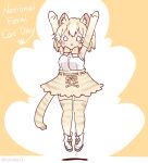  1girl animal_ears arms_up belt bow bowtie cat_(kemono_friends) cat_ears cat_girl cat_tail coroha elbow_gloves extra_ears full_body gloves grey_hair jumping kemono_friends looking_at_viewer shirt shoes short_hair simple_background skirt sleeveless sleeveless_shirt solo tail thighhighs yellow_background 