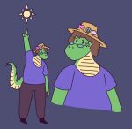anthro clothed clothing crocodilian digital_media_(artwork) eyewear fishing_hat gesture glasses hi_res looking_at_viewer male pointing reptile scalie simple_background solo tail thegunkster