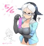  2girls ? absurdres arm_under_breasts black_gloves black_hair black_one-piece_swimsuit blue-framed_eyewear blue_hoodie breasts california_sea_lion_(kemono_friends) chibi chibi_inset cleavage commentary_request common_bottlenose_dolphin_(kemono_friends) condom condom_packet_strip condom_wrapper cowboy_shot dated elbow_gloves fins glasses gloves head_fins highres holding holding_condom hood hood_down hoodie kemono_friends large_breasts long_hair multicolored_hair multiple_girls one-piece_swimsuit open_clothes open_hoodie open_mouth parupunte_(nicoseiga51964270) rubber_day semi-rimless_eyewear simple_background solo_focus swept_bangs swimsuit twitter_username under-rim_eyewear white_background white_hair 