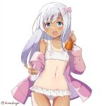  1girl :d ass_visible_through_thighs bikini blue_eyes bow cowboy_shot dark-skinned_female dark_skin grey_hair hair_bow highres holding jacket kantai_collection liking long_hair navel official_alternate_costume omamori one-hour_drawing_challenge one-piece_tan pink_bow pink_jacket ro-500_(kancolle) smile solo swimsuit tan tanlines twitter_username white_bikini 