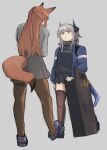  2girls animal_ears arknights black_footwear black_pantyhose black_shirt black_skirt black_thighhighs blue_jacket brown_eyes dragon_girl dragon_horns dragon_tail fox_ears fox_girl fox_tail franka_(arknights) full_body grey_background grey_hair grey_shirt highres horns jacket liskarm_(arknights) long_hair long_sleeves looking_at_another multiple_girls open_clothes open_jacket orange_hair pantyhose pom_dovu ponytail shield shirt shoes sidelocks simple_background sketch skirt standing tail tail_through_clothes thigh_strap thighhighs 