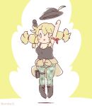  1girl arms_up blonde_hair boots calenda_(kemono_friends) camouflage cardigan coroha full_body gloves hat hat_feather jumping kemono_friends kemono_friends_3 long_hair looking_at_viewer pants ribbon simple_background solo tank_top twintails yellow_background 