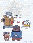 2024 anthro bear brew_(kumalino) brown_body clothing cute_fangs detailed_background drip_(kumalino) eyes_closed grey_body group hat headgear headwear hi_res kemono kumalino male mammal outside plant roast_(kumalino) sanrio sayolino scarf shovel snow snowman sweater syrup_(kumalino) tools topwear tree