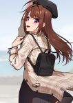  1girl ahoge backpack bag beret black_bag black_headwear black_skirt blurry blurry_background blush brown_hair brown_jacket casual hat highres idolmaster idolmaster_million_live! jacket kamille_(vcx68) long_hair looking_at_viewer looking_back outdoors purple_eyes skirt smile solo straight_hair yokoyama_nao 