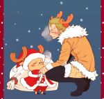  2boys adjusting_clothes antlers blue_background chabo_(niwatori_bosori) commentary_request green_hair hat horns male_focus multiple_boys one_piece profile reindeer_antlers roronoa_zoro santa_capelet santa_hat scar scar_across_eye shorts smile snow tony_tony_chopper 