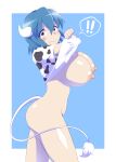  ! !! 1girl absurdres animal_print ass blue_background blue_hair blush bottomless breasts closed_mouth clothes_lift cow_girl cow_horns cow_print cow_tail embarrassed from_side highres horns jashin-chan_dropkick large_breasts lifted_by_self looking_at_viewer minos_(jashin-chan_dropkick) moyuru_pen nipples no_panties print_shirt red_eyes shirt shirt_lift short_hair simple_background solo tail 