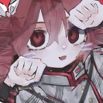  1girl bow close-up drawn_whiskers drill_hair grey_jacket hair_between_eyes highres jacket kasane_teto kasane_teto_(sv) looking_at_viewer nerune_(nekatze) open_mouth paw_pose red_background red_eyes red_hair sidelocks smile solo synthesizer_v twin_drills white_bow 
