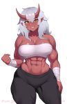  1girl abs absurdres arm_wrap black_pants blush breasts brown_eyes chest_sarashi cleavage collarbone colored_skin commission cowboy_shot dated gad_the_god grey_hair highres horns long_hair midriff muscular muscular_female navel oni original pants pointy_ears red_skin sarashi sharp_teeth solo teeth twitter_username yoga_pants 