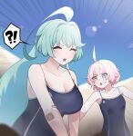  !? 2girls ahoge bare_arms bare_shoulders black_one-piece_swimsuit blue_archive blue_eyes blush breasts cleavage closed_eyes emphasis_lines green_hair heterochromia highres hoshino_(blue_archive) hoshino_(young)_(blue_archive) large_breasts long_hair multiple_girls oddman1234 one-piece_swimsuit open_mouth pink_hair school_swimsuit short_hair small_breasts swimsuit yellow_eyes yume_(blue_archive) 