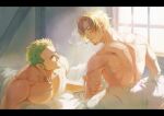  2boys absurdres bara bed blonde_hair cigarette closed_mouth couple facial_hair green_hair highres holding_another&#039;s_arm indoors large_pectorals looking_at_another male_focus multiple_boys muscular muscular_male nipples on_bed one_piece pectorals poipoisky72 roronoa_zoro sanji_(one_piece) scar scar_on_chest short_hair sideburns smoking yaoi 