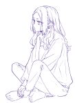  1girl barefoot commentary_request ear_piercing earrings full_body highres indian_style jewelry long_hair long_sleeves monochrome original pants piercing sakashima_0822 sidelocks signature simple_background sitting solo sweater 