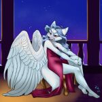 anthro back_wings blue_hair canid canine canis clothing dress feathered_wings feathers female fur hair half-closed_eyes hi_res long_hair mammal narrowed_eyes open_mouth open_smile smile solo white_body white_feathers white_fur wings wolf zephyriwolf