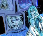  2girls abstract blue_theme closed_mouth crt firefly_(honkai:_star_rail) honkai:_star_rail honkai_(series) jacket long_hair looking_at_viewer looking_to_the_side monitor monochrome multiple_girls open_mouth shell62 sitting smile spot_color stelle_(honkai:_star_rail) sweater trailblazer_(honkai:_star_rail) water 