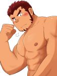  1boy absurdres akashi_(live_a_hero) bara blush clenched_hand facial_hair flexing goatee highres large_pectorals live_a_hero long_sideburns looking_at_viewer male_focus muscular muscular_male nipples nude pectorals puff_of_air red_eyes red_hair scar scar_on_face scar_on_nose short_hair sideburns solo thick_eyebrows upper_body wada_terunosuke 