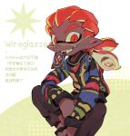  1boy black_pants dark-skinned_male dark_skin fangs glasses highres inkling_boy inkling_player_character invisible_chair lensless_glasses long_sleeves looking_at_viewer male_focus mouth_hold pants pokuru666 red_eyes red_hair simple_background sitting solo splatoon_(series) sweater teeth_hold tentacle_hair 