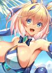  1girl armpits blonde_hair blue_bow blue_bowtie blue_eyes blue_ribbon bow bowtie breasts cloud collar detached_collar hair_between_eyes hair_ribbon large_breasts leotard mecha_musume mechanical_ears official_art open_mouth original palm_leaf playboy_bunny ribbon short_hair sky sophia_f_shirring sweat takamine_nadare upper_body white_collar 