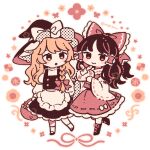  2girls apron basket black_hair black_headwear black_skirt black_vest blonde_hair blush_stickers boots bow braid buttons checkerboard_cookie closed_mouth commentary cookie double-breasted flower food full_body hair_bow hair_tubes hakurei_reimu halftone hat hat_bow holding holding_basket kirisame_marisa long_hair long_sleeves mozukuzu_(manukedori) multiple_girls parted_lips red_bow red_flower red_ribbon red_skirt red_vest ribbon shoes side_braid single_braid skirt skirt_set smile socks standing thumbprint_cookie touhou twitter_username vest waist_apron wavy_hair white_apron white_background white_bow white_sleeves white_socks wide_sleeves witch witch_hat 