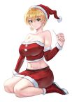  1girl absurdres agent_aika aika_(series) boots breasts christmas cleavage collarbone commentary_request earrings full_body hand_up hat highres holding jewelry large_breasts medium_breasts navel santa_boots santa_costume santa_hat seiza sitting skirt sumeragi_aika thighs white_(user_gpgw2383) 