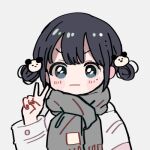  &gt;:| 1girl arm_up black_hair blush center-flap_bangs commentary double_bun green_scarf hair_bun hair_ornament long_sleeves looking_at_viewer lowres maple_(abc2215) nail_polish original panda_hair_ornament red_nails scarf simple_background solo upper_body v 