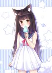  1girl alternate_costume animal_ears azur_lane bangs black_hair blunt_bangs blush bow bowtie casual commentary_request contemporary dress eating eyebrows_visible_through_hair food fox_ears fox_girl holding long_hair looking_at_viewer m_ko_(maxft2) nagato_(azur_lane) popsicle sailor_dress sidelocks simple_background sleeveless solo white_background white_dress yellow_eyes 