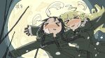  2girls ahoge black_hair blonde_hair blush chito_(shoujo_shuumatsu_ryokou) closed_eyes drunk highres long_hair military military_uniform moon multiple_girls shoujo_shuumatsu_ryokou tsukumizu_yuu twintails uniform yuuri_(shoujo_shuumatsu_ryokou) 