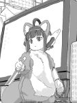  1girl ahoge animal_ear_fluff animal_ears bad_drawr_id bad_id blunt_bangs cable calendar_(object) character_request closed_mouth copyright_request expressionless greyscale headgear holding holding_knife knife mini_person minigirl monitor monochrome ningen_(ningen96) oekaki paper raccoon_ears raccoon_girl raccoon_tail short_hair solo standing tail 