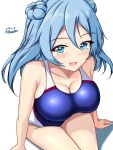  1girl blue_eyes blue_hair blue_one-piece_swimsuit blush breasts competition_swimsuit covered_navel dated double_bun hair_between_eyes hair_bun highres kantai_collection looking_at_viewer medium_breasts medium_hair montemasa one-hour_drawing_challenge one-piece_swimsuit open_mouth shadow sitting smile solo swimsuit twitter_username two-tone_swimsuit urakaze_(kancolle) 