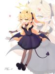 1girl black_dress black_footwear black_gloves black_horns black_pantyhose black_tail black_wings blonde_hair blue_archive blush chinese_commentary commentary_request dated demon_horns demon_tail demon_wings dofus_(icyboon) dress full_body gloves halo highres horns ibuki_(blue_archive) ibuki_(dress)_(blue_archive) long_hair official_alternate_costume open_mouth pantyhose pointy_ears revision shoes side_ponytail signature simple_background smile solo tail white_background wings yellow_eyes yellow_halo zoom_layer 