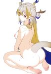  1girl arknights ass ateoyh blonde_hair blue_hair commentary completely_nude dragon_girl dragon_horns dragon_tail grey_eyes grey_hair highres horns looking_at_viewer looking_back multicolored_hair nipples nude pointy_ears seiza shu_(arknights) simple_background sitting solo tail white_background 