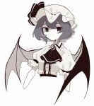  1girl ascot bat_wings black_ascot black_ribbon brooch collared_shirt cropped_torso fang fang_out hat hat_ribbon highres jewelry medium_hair mob_cap muted_color negi_si puffy_short_sleeves puffy_sleeves remilia_scarlet ribbon shirt short_sleeves simple_background skin_fang solo touhou twitter_username upper_body white_background white_headwear white_shirt wings 