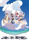  4girls alternate_costume animal_ears armpits arms_up beach bikini bikini_skirt bird black_bikini blue_bikini blue_eyes blue_sky brown_hair closed_eyes cloud cloudy_sky commentary_request full_body green_bikini highres horse_ears horse_girl horse_tail kitasan_black_(umamusume) mejiro_mcqueen_(umamusume) midair multiple_girls navel ocean open_mouth outdoors purple_eyes purple_hair red_eyes sand satono_diamond_(umamusume) shadow ship sky smile swimsuit tail tokai_teio_(umamusume) umamusume wahiko_(black_bastard) water watercraft 