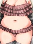  1girl arms_at_sides belly bikini breasts cleavage cowboy_shot elbow_gloves fat frilled_bikini frills gloves head_out_of_frame highres isna_(footprintsofisna) kemono_friends large_breasts navel solo stomach swimsuit thighhighs thighs walrus_(kemono_friends) 