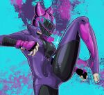  1girl black_bodysuit blue_nails bodysuit breasts covering_face from_side han_juri helmet horns large_breasts leg_up motorcycle_helmet plus08_(tasuhachi) purple_bodysuit solo street_fighter street_fighter_6 