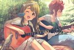  2girls ;d animal_on_shoulder bird bird_on_intrument bird_on_shoulder blush brown_hair bush closed_eyes cockatiel day denim dress feet_out_of_frame frilled_dress frills gibson gibson_hummingbird guitar head_wreath highres idolmaster idolmaster_million_live! instrument jeans jewelry julia_(idolmaster) long_hair looking_at_animal miyao_miya multiple_girls music necklace one_eye_closed outdoors pants parakeet picnic plant playing_instrument red_hair short_hair sitting smile thick_eyebrows wanoji 