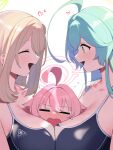 3girls ahoge between_breasts black_one-piece_swimsuit blonde_hair blue_archive blue_hair blush breasts closed_eyes fang girl_sandwich hair_between_eyes halo head_between_breasts heart highres hoshino_(blue_archive) large_breasts long_hair multiple_girls nonomi_(blue_archive) one-piece_swimsuit open_mouth pink_hair sandwiched signalviolet simple_background skin_fang swimsuit white_background yume_(blue_archive) yuri 