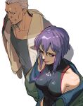  1boy 1girl absurdres artificial_eye batou_(gits) black_leotard black_shirt breasts collarbone from_above ghost_in_the_shell ghost_in_the_shell:_sac_2045 green_jacket grey_hair grey_jacket hair_behind_ear highres jacket kusanagi_motoko leotard looking_to_the_side medium_breasts off_shoulder red_eyes shirt short_hair smile thundergotch walking white_background 