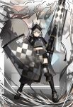  abstract_background absurdres animal_ear_fluff animal_ears arknights armor ashlock_(arknights) boots combat_boots eyebrows_visible_through_hair grey_eyes grey_hair grey_tail highres lance looking_at_viewer midriff plate_armor polearm shield shoshu squirrel squirrel_ears squirrel_girl squirrel_tail tail visor_(armor) weapon 