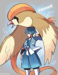  1boy artist_name beak bird blue_background blue_eyes blue_hair brown_eyes character_name closed_mouth commentary english_commentary falkner_(pokemon) feathered_wings feet_out_of_frame highres open_mouth pidgeot pokemon pokemon_(creature) pokemon_hgss short_hair touyarokii twitter_username wings 