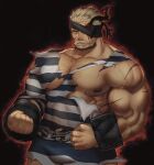  1boy alex_(cerealex) aura balor_(housamo) bara bare_pectorals beard black_hair blonde_hair bulge chest_hair cowboy_shot cuffs eyepatch facial_hair flaming_eye full_beard green_eyes highres large_pectorals looking_at_viewer male_focus mature_male multicolored_hair muscular muscular_male nipples pectorals scar scar_on_arm scar_on_chest shirt short_hair solo thick_beard tokyo_afterschool_summoners torn_clothes torn_shirt two-tone_beard two-tone_hair 