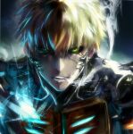  1boy black_sclera blonde_hair colored_sclera cyborg earrings genos jewelry k.ei looking_at_viewer male_focus one-punch_man open_mouth short_hair solo teeth third-party_source yellow_eyes 