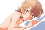  1girl breasts brown_eyes brown_hair closed_mouth commentary_request completely_nude isshiki_iroha looking_at_viewer lying medium_hair nude on_stomach revision shou937 simple_background smile solo stomach white_background yahari_ore_no_seishun_lovecome_wa_machigatteiru. 