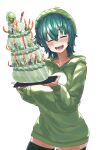  1girl :d absurdres birthday_cake blush breasts cake dot_nose facing_viewer food green_hair green_headwear green_hoodie green_legwear hair_between_eyes hat highres holding holding_cake holding_food holding_tray hood hood_down hoodie large_breasts long_sleeves medium_hair okbnkn original simple_background smile solo standing thighhighs tray white_background 