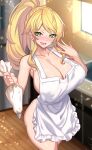  1girl :d absurdres apron bare_arms bare_shoulders blonde_hair blurry blurry_background breasts character_request commentary commission copyright_request cowboy_shot green_eyes highres huge_breasts indoors long_hair looking_at_viewer naked_apron nez-box open_mouth ponytail smile solo standing thighs white_apron 