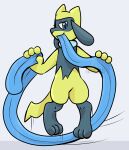 ambiguous_gender blue_body blue_fur blue_tongue bodily_fluids digital_media_(artwork) fayesins fur generation_4_pokemon hi_res holding_tongue hyper hyper_tongue jump_rope jumping long_tongue looking_at_viewer nintendo pokemon pokemon_(species) riolu saliva shiny_pokemon shiny_riolu simple_background tongue white_background yellow_body yellow_fur