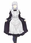  1girl ak-12_(girls&#039;_frontline) alternate_costume apron asakiri_koko closed_eyes curtsey girls&#039;_frontline highres long_hair maid maid_apron maid_day maid_headdress pantyhose smile solo white_background white_hair 