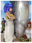  1girl 2boys apron bandana bare_shoulders beach blue_eyes blue_hair clark_still dog_tags fingerless_gloves fish fishing gloves highres ikari_warriors leona_heidern multiple_boys oni_gini overalls ralf_jones sleeveless smile squatting sunglasses tank_top the_king_of_fighters the_king_of_fighters_xv yellow_tank_top 