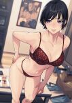  1girl absurdres artist_name black_hair blue_eyes blush bra breasts cleavage cowboy_shot hand_on_own_ass hand_on_own_leg highres kagematsuri looking_to_the_side original panties poster_(object) short_hair solo twitter_username underwear 