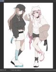  2girls adjusting_clothes adjusting_headwear art_program_in_frame baggy_socks bang_dream! bang_dream!_it&#039;s_mygo!!!!! baseball_cap black_choker black_headwear black_hoodie black_shorts black_socks black_sweater blue_eyes blue_socks brown_hair brown_jacket chewing_gum chihaya_anon chinese_commentary choker closed_mouth collarbone commentary_request grabbing_own_arm grey_eyes hand_in_pocket hat hood hood_down hoodie jacket long_hair long_sleeves looking_at_viewer midriff_peek miniskirt mismatched_socks multiple_girls nagasaki_soyo off_shoulder open_clothes open_jacket pann_(1202zzzx00) pink_hair pink_socks shorts sidelocks simple_background skirt sleeves_past_fingers sleeves_past_wrists socks standing standing_on_one_leg sweater white_background white_headwear white_skirt 