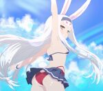  1girl animal_ears arbiter1 arm_up armpits ass azur_lane bikini bikini_under_clothes black_bikini black_skirt breasts brown_eyes cloud from_behind grin highleg highleg_bikini highres long_hair looking_back miniskirt outdoors pleated_skirt rabbit_ears rabbit_girl rabbit_tail red_bikini shimakaze_(azur_lane) shimakaze_(the_island_wind_rests)_(azur_lane) sideboob skirt sky small_breasts smile solo swimsuit tail thighs two-tone_bikini very_long_hair white_hair wind wind_lift 